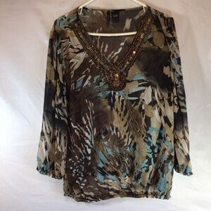 New Directions Beaded Chiffon Blouse XL Sheer Floral Boho V Neck Top Office